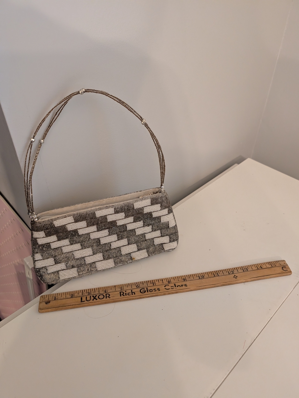Beaded Woven Evening Clutch in Silver and White